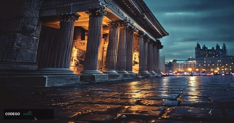 Photorealistic editorial photograph of the Bank of England's iconic neoclassical Threadneedle Street headquarters in the City