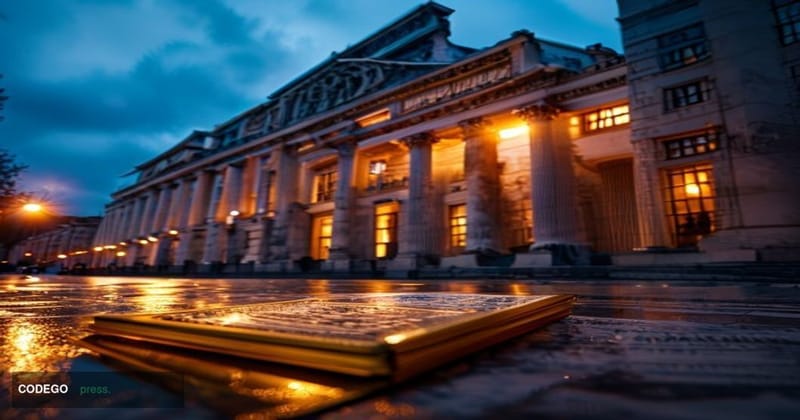 A dramatic cinematic editorial photograph of the Bank of England's iconic neoclassical Threadneedle Street headquarters in th