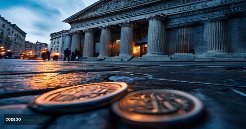 A cinematic editorial photograph of the Bank of England's neoclassical stone facade on Threadneedle Street in the City of Lon