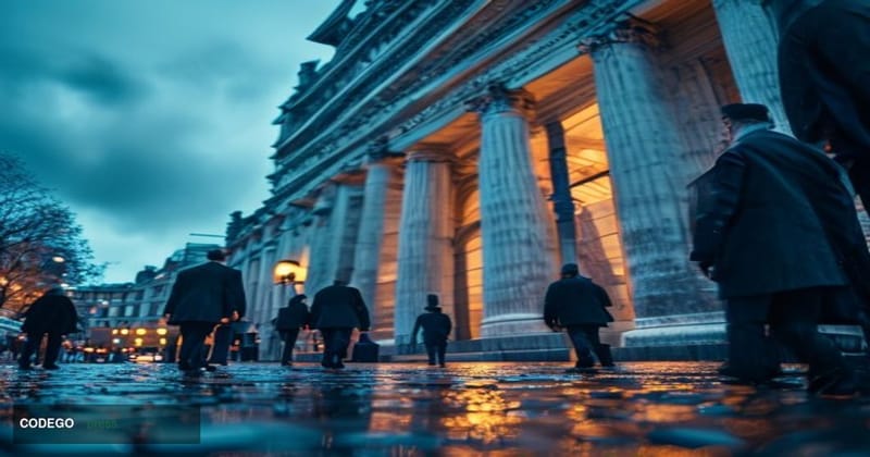 A cinematic editorial photograph of the Bank of England's iconic neoclassical Portland stone facade on Threadneedle Street in