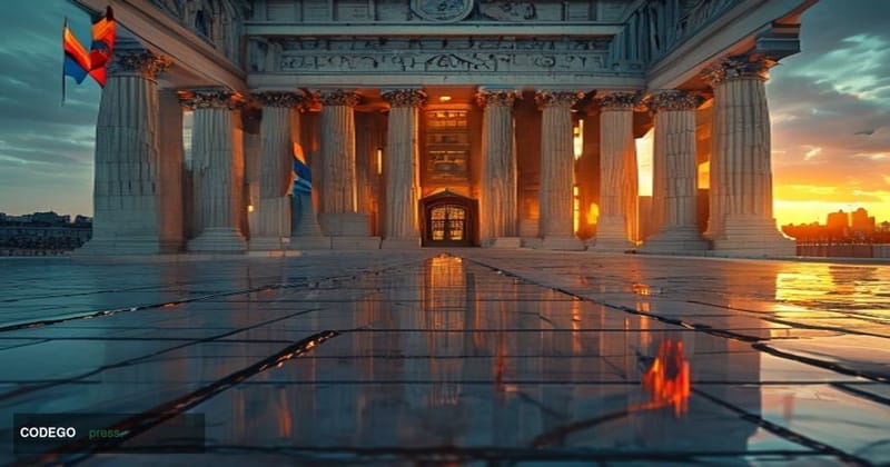 Photorealistic editorial photograph of the Bank of Israel's Jerusalem headquarters building exterior, shot at golden hour wit