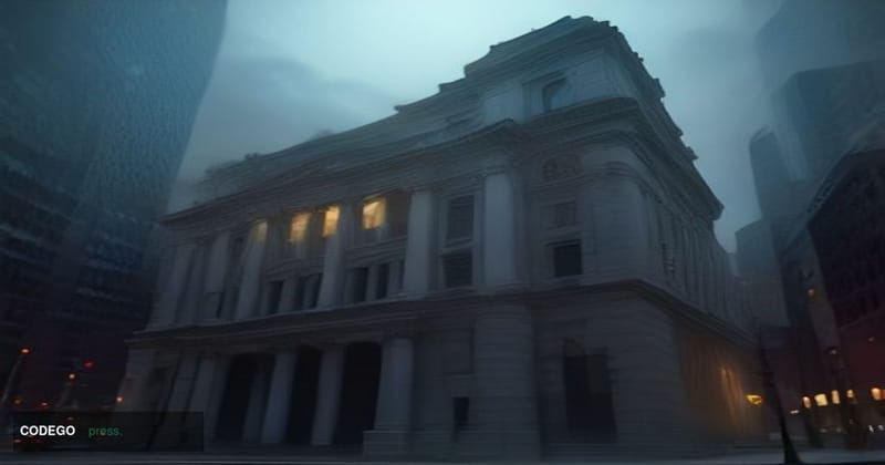 A dramatic cinematic editorial photograph set in Tokyo's financial district, showing the Bank of Japan's imposing neoclassica