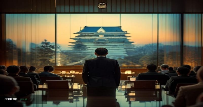 A cinematic editorial photograph set in Hyogo, Japan, with the distinctive Himeji Castle visible in the soft-focus background