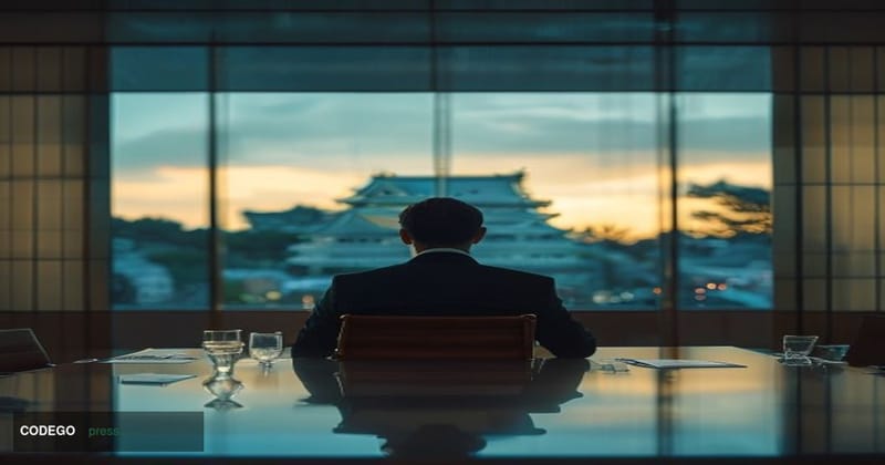 A cinematic editorial photograph set in Hyogo Prefecture, Japan, with the iconic Himeji Castle visible in the soft-focus back