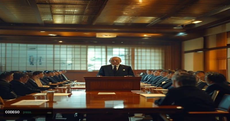 A cinematic editorial photograph set in a formal Japanese regional government meeting hall in Hyogo Prefecture, Japan. A seni