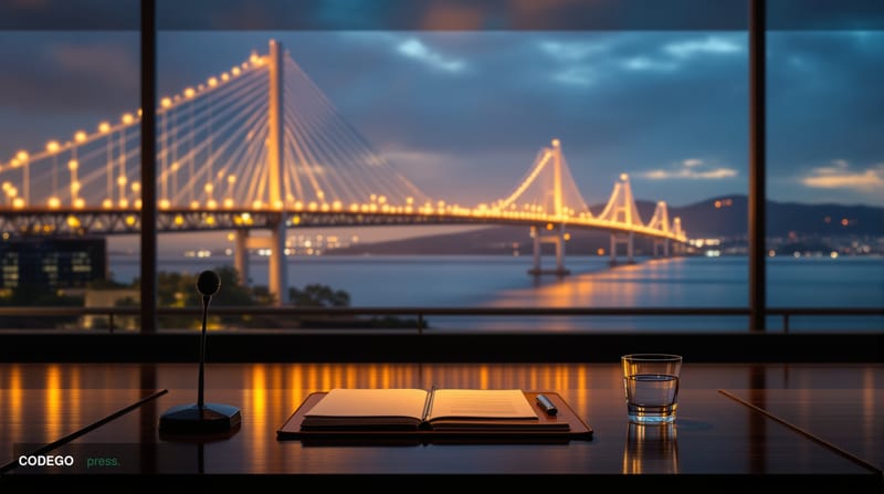 A photorealistic cinematic editorial photograph set in Hyogo, Japan, featuring a sweeping view of Kobe's iconic Akashi Kaikyō