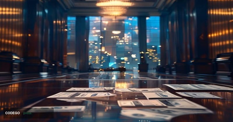 A photorealistic editorial photograph set inside a grand, formal central bank chamber in Seoul, South Korea, evoking the arch