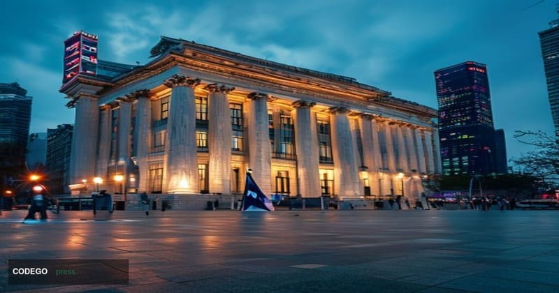 Photorealistic editorial photograph of the Bank of Korea's imposing granite headquarters building in central Seoul, South Kor