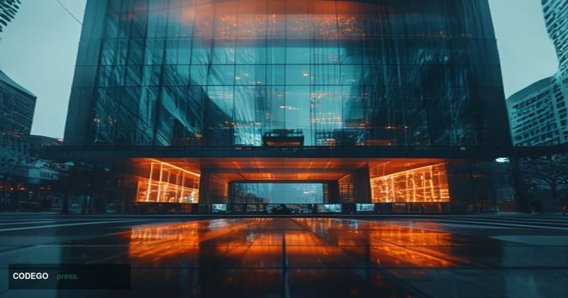 A photorealistic cinematic editorial photograph shot from a low angle looking up at the imposing glass-and-granite facade of 