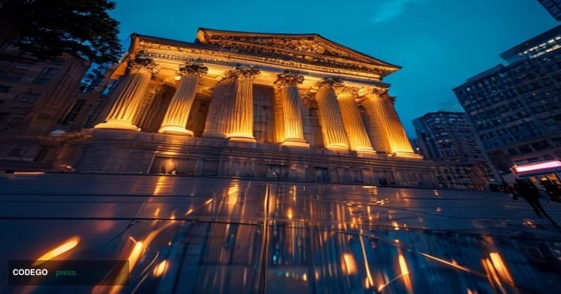 A cinematic editorial photograph of the Bank of Korea's imposing neoclassical headquarters building in central Seoul, South K