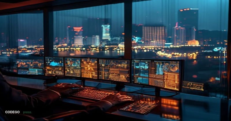 A dramatic cinematic editorial photograph set in Bangkok, Thailand, with the iconic skyline and Chao Phraya River visible thr