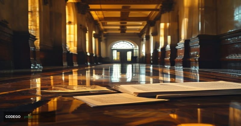 A dramatic cinematic editorial photograph set in a formal American courtroom corridor, wide marble hallways with warm amber l