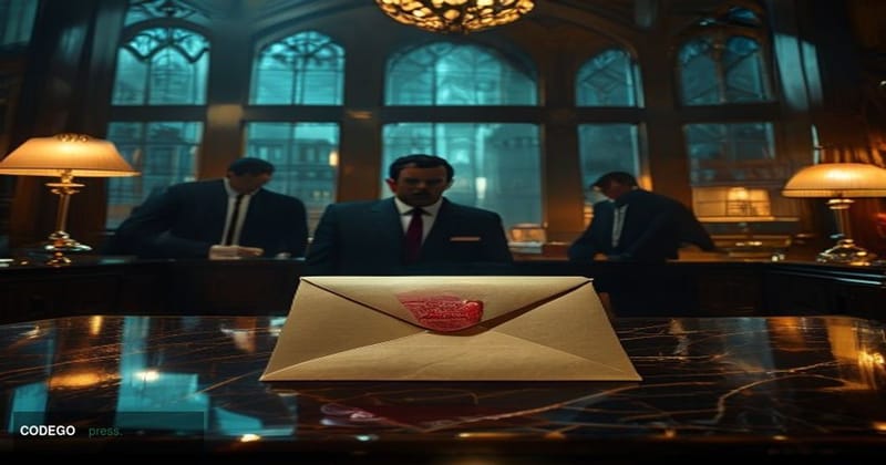 A dramatic cinematic editorial photograph set inside a sleek, dimly lit private banking hall in London's City financial distr