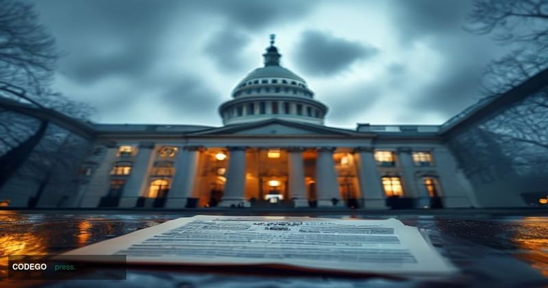 A dramatic editorial photograph taken from a low camera angle looking up at the imposing neoclassical stone facade of the Ore