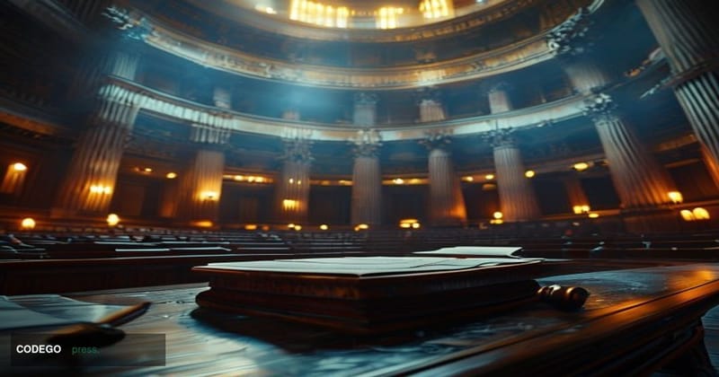 A photorealistic cinematic editorial photograph set inside a grand, marble-columned U.S. Senate hearing chamber, shot from a 