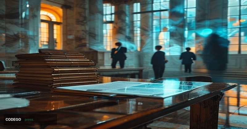 A dramatic cinematic editorial photograph set inside a grand Federal Reserve building interior, with imposing marble columns 