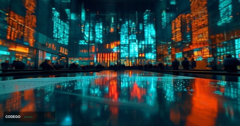 A cinematic editorial photograph of a large financial district trading floor viewed through floor-to-ceiling glass, with mult