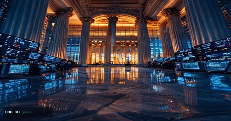 A dramatic wide-angle shot of the New York Stock Exchange trading floor captured from a low angle looking upward toward the i