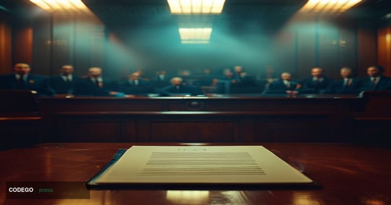 A cinematic editorial photograph set inside a formal financial regulatory hearing room, with an empty witness chair in the sh