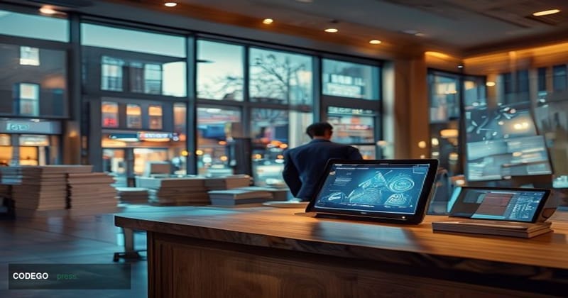 A photorealistic editorial photograph taken inside a modern community bank branch reimagined as a small business financial op