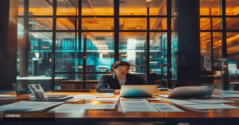 A cinematic editorial photograph set inside a modern community bank branch that has been partially converted into a small bus