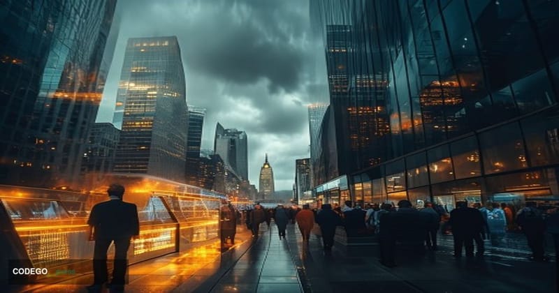 A dramatic split-composition editorial photograph set in the City of London financial district, with the iconic glass-and-ste