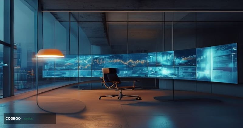 A cinematic editorial photograph set inside a sleek, minimalist blockchain technology office environment inspired by Coinbase