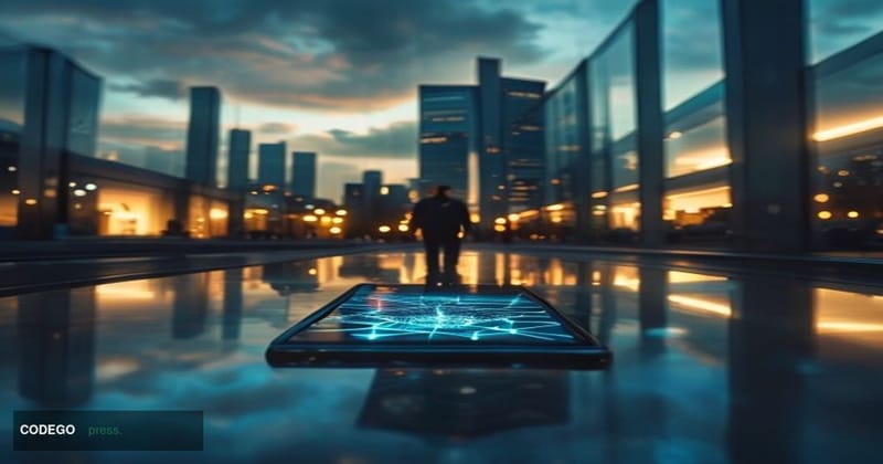 A cinematic editorial photograph set in a modern San Francisco technology corridor, with the Coinbase headquarters building v