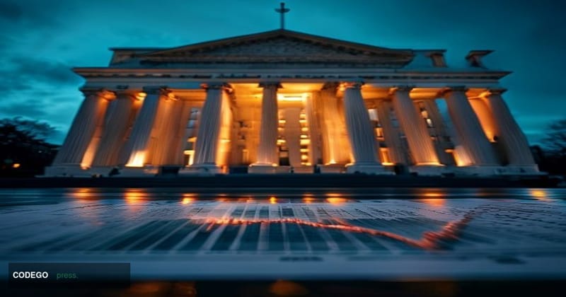 A dramatic editorial photograph of the U.S. Federal Reserve building in Washington D.C. shot from a low angle at dusk, with t