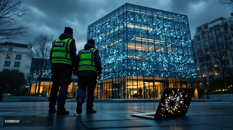 A cinematic editorial photograph taken at a low-angle shot of the Belgian Federal Police headquarters in Brussels, with its d
