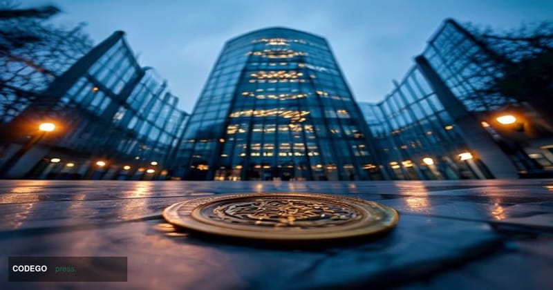 A cinematic editorial photograph taken at ground level looking up at the imposing glass-and-stone facade of Belgium's Financi