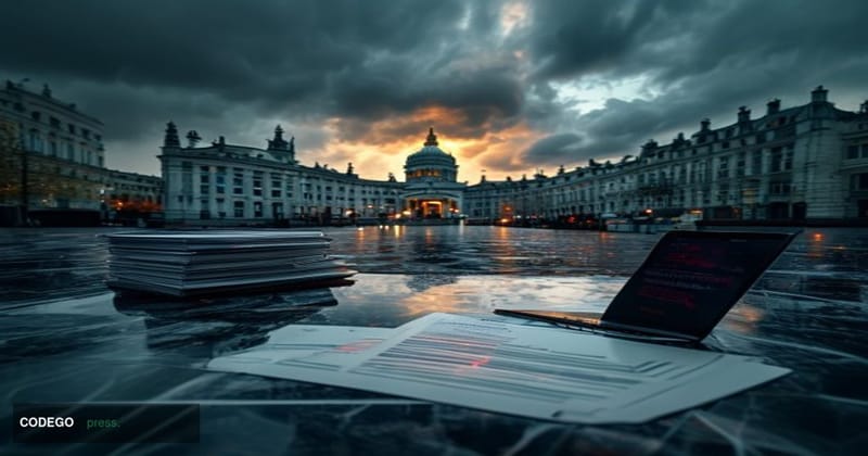 A cinematic editorial photograph set in Brussels, Belgium, with the iconic European Parliament building visible in the backgr