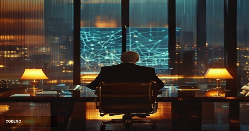 A cinematic editorial photograph set inside a grand, dimly lit boardroom with floor-to-ceiling windows overlooking a hazy cit
