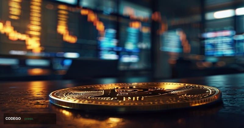 A dramatic close-up of a physical gold Bitcoin coin resting on a dark mahogany trading desk in a cinematic financial research