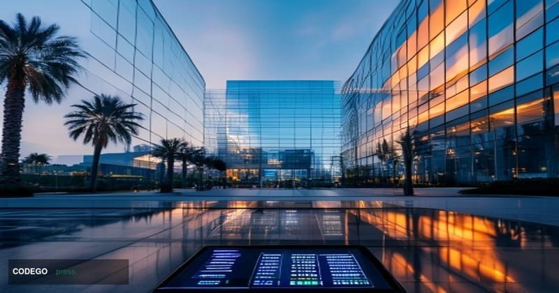 A cinematic editorial photograph of the Robinhood Markets corporate headquarters in Menlo Park, California, shot at golden ho
