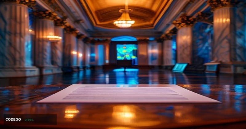 A cinematic editorial photograph set inside a grand United States Senate chamber corridor, marble columns and ornate gold cei