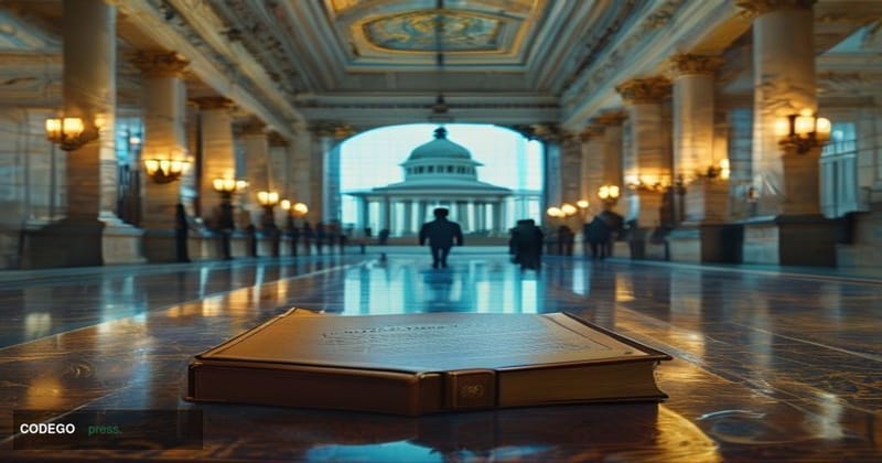 A photorealistic cinematic editorial photograph set inside a grand U.S. Treasury Department corridor in Washington D.C., feat