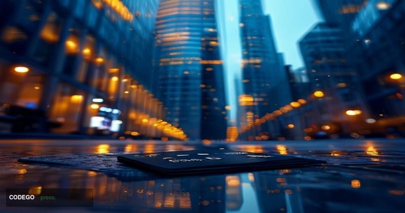 A dramatic low-angle shot of a towering glass-and-steel bank headquarters in a major financial district, photographed at dusk