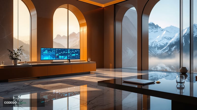A cinematic editorial photograph of a sleek, minimalist Swiss private banking headquarters interior — marble floors reflectin