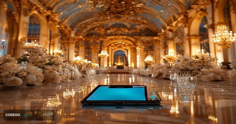 A cinematic editorial photograph depicting a grand, opulent wedding venue interior — soaring gilded ceilings, cascading white