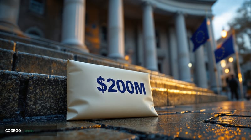 A dramatic cinematic editorial photograph set outside a recognizable London financial district courthouse or legal chamber, w