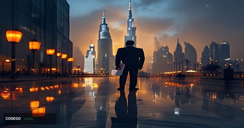 A cinematic editorial photograph set at the gleaming Abu Dhabi Global Market Square on Al Maryah Island, Abu Dhabi, with the 