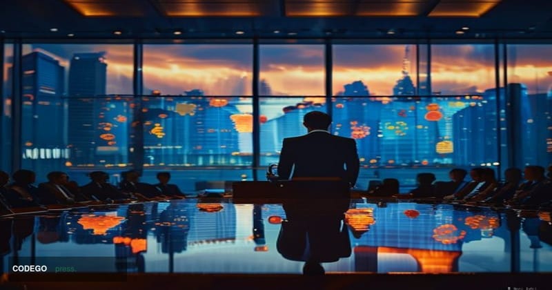 A cinematic editorial photograph set in a modern Singapore financial district conference hall, representing the Reuters NEXT 