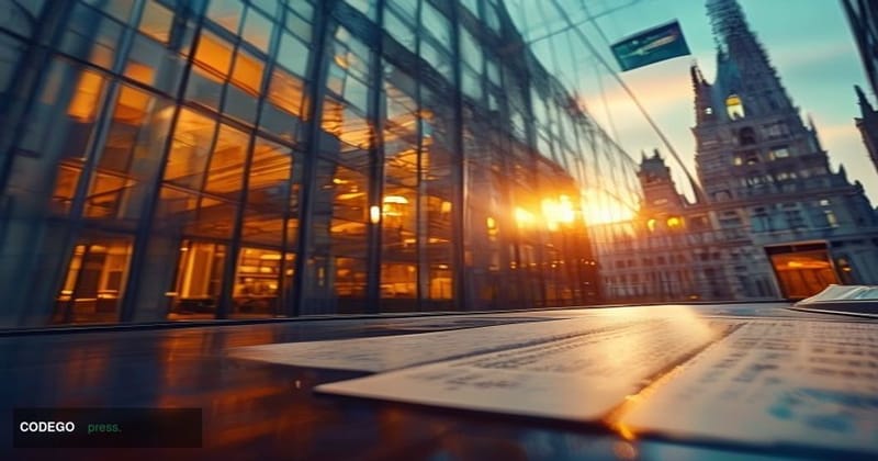 A cinematic editorial photograph taken at golden hour from a low-angle perspective looking up at the glass-and-steel facade o