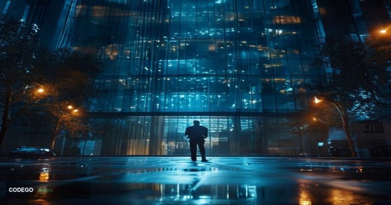 A photorealistic cinematic editorial photograph set at night outside a large corporate exchange headquarters with subtle Bina