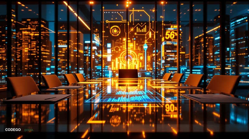 A cinematic editorial photograph set in a sleek, modern financial technology boardroom with floor-to-ceiling glass walls over