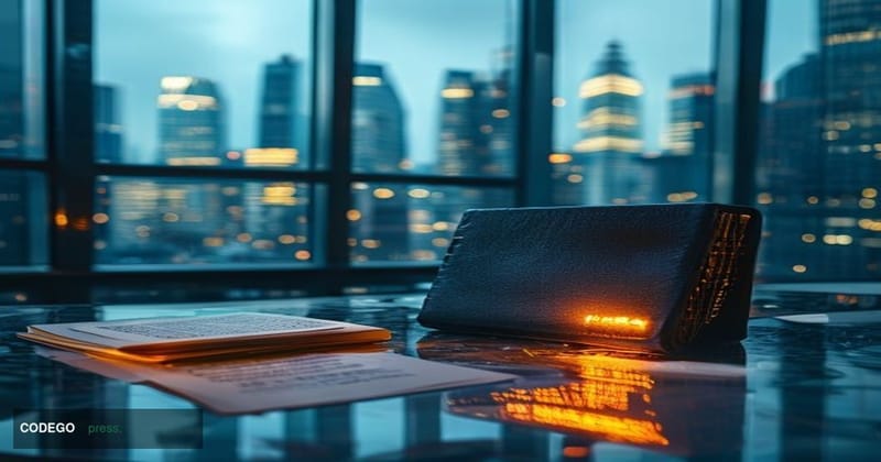 A dramatic cinematic editorial photograph set in a recognizable European financial district — specifically the glass-and-stee