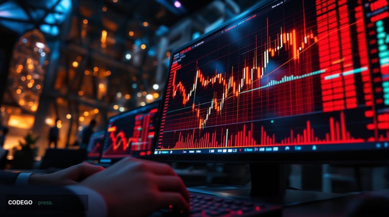 A dramatic cinematic close-up of a large trading terminal screen displaying red descending candlestick charts for cryptocurre