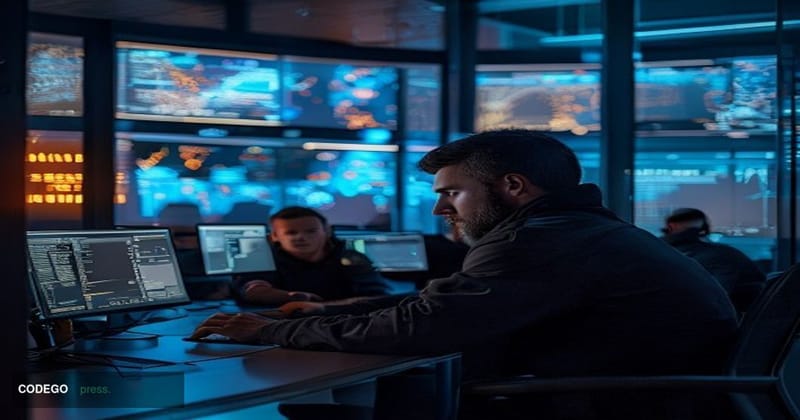 A cinematic editorial photograph set inside a dimly lit, high-security cryptocurrency exchange operations center, with multip