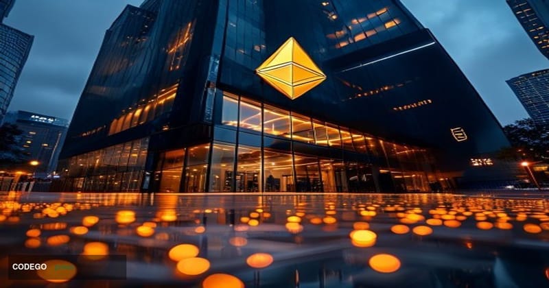 A dramatic cinematic editorial photograph of the Binance corporate headquarters exterior at dusk, with the gold and black Bin